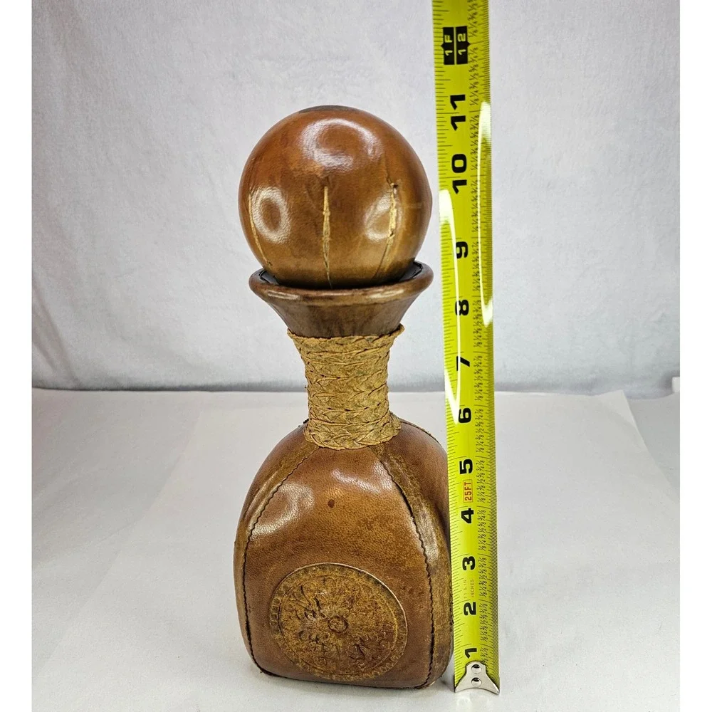 Vintage Brown Leather Decanter Bottle w/ Ball Stopper Rustic Neck Made in‎ Italy